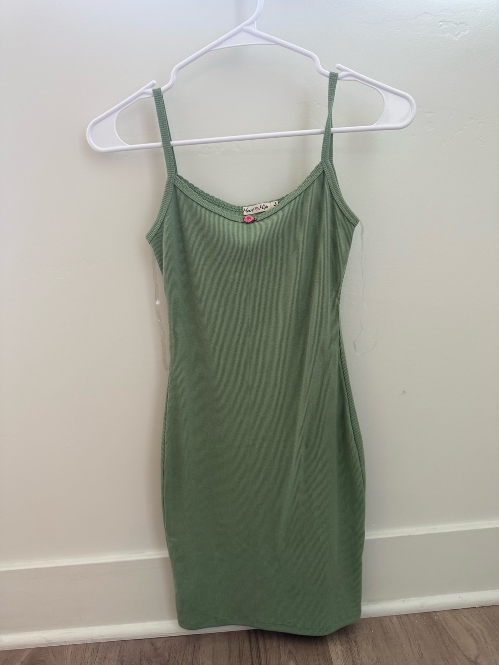 Green Ribbed Cami Dress with Pink Rose Accent